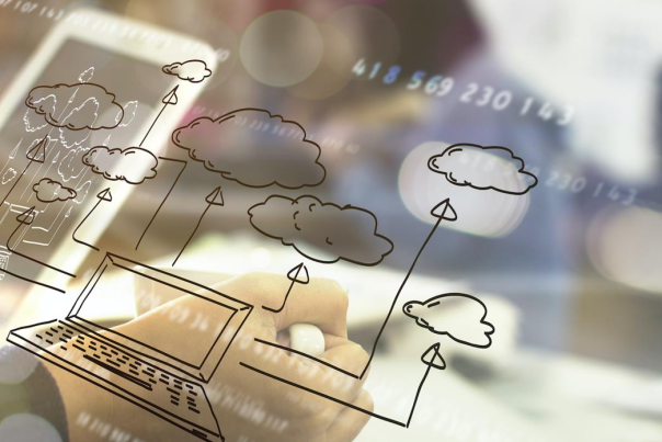 A graphic of a computer connecting to the cloud.
