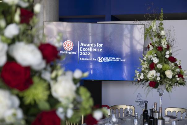 a tv screen with flowers in the foreground reading 'awards for excellence 2022'