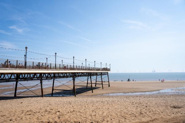 Skegness Pier and beach in sunshine