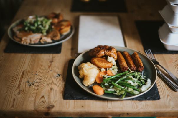 a picture of vegetarian roast dinners served on two plates