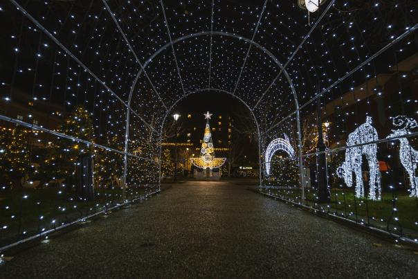 Picture of Christmas lights in a High Street walkway at night
