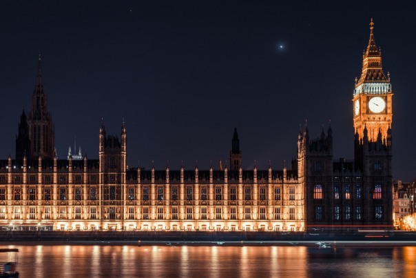 a view of Parliament's building lit up at night