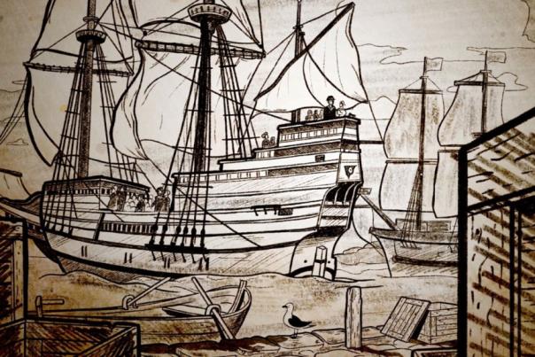 An illustration of the Mayflower Pilgrims, sailing across the sea