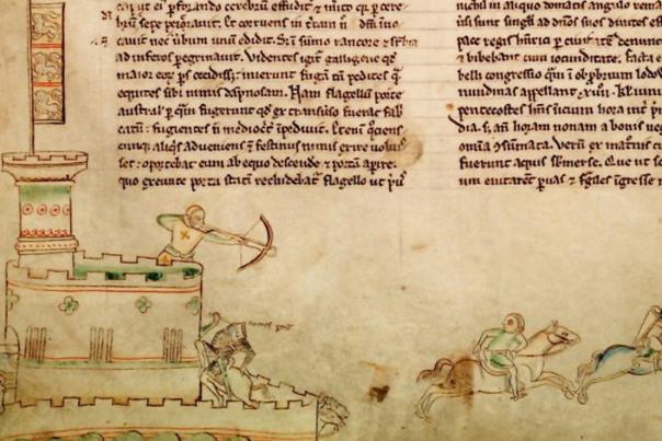 An old drawing depicting the Battle of Lincoln with text scribed above