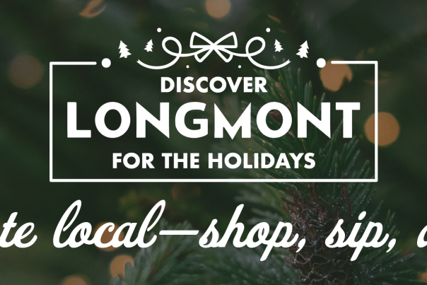 A closeup on an evergreen tree with twinkle lights with "Discover Longmont for the Holidays, Celebrate local-shop, sip and stay written in white"