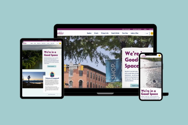 tablet, phone and desktop images of visitlongmont.org