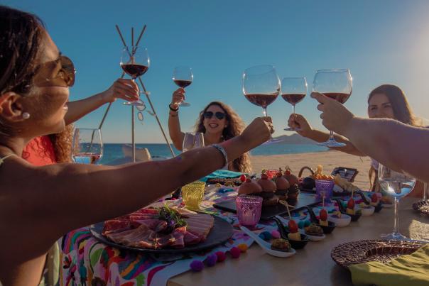 grupo de mujeres brindando con vino en los cabos