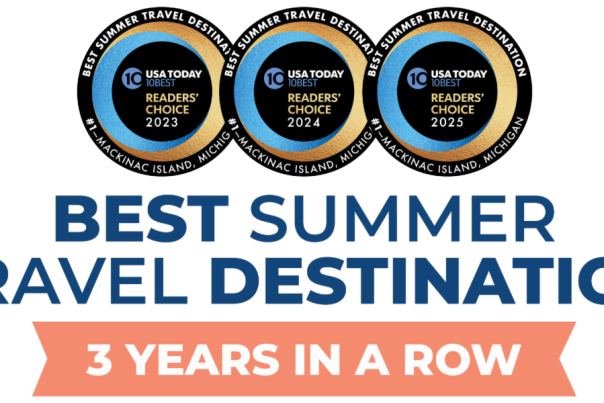 Graphic showing Mackinac Island as Best Summer Travel Destination 3 years in a row, from 2023 to 2025.