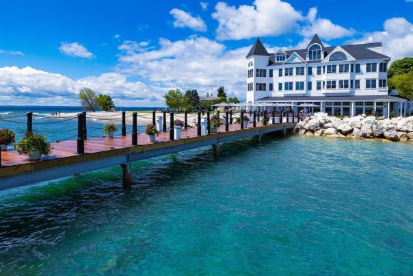 The deck at Mackinac Island’s Iroquois Hotel extends into the water