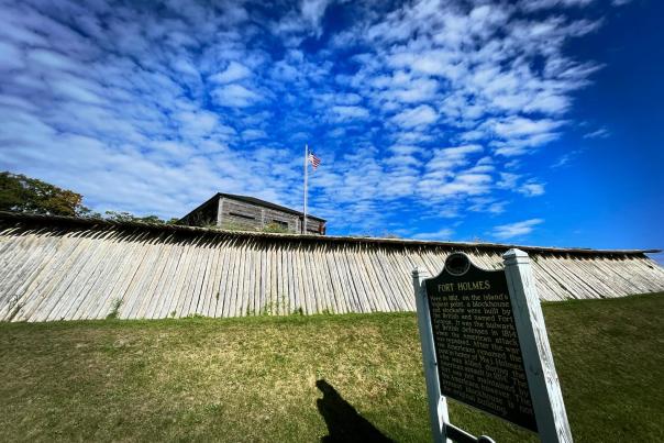 An American flag flies above Mackinac Island’s Fort Holmes