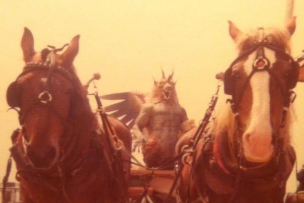 The mighty Ocryx monster travels by horse-drawn carriage to the Haunted Theatre on Mackinac Island in the 1970s.