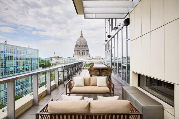A view of the Wisconsin State Capitol from the Eno Vino rooftop