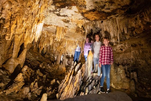 A group of children taking a tour inside Cave of the Mounds