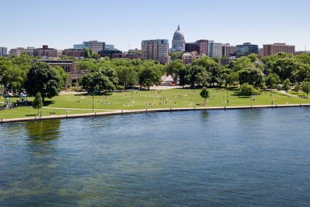 A view of James Madison Park and the skyline, taken from Lake Mendota.