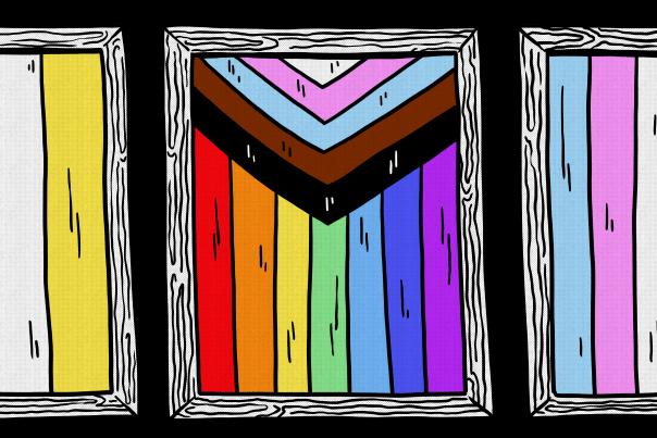 An illustration of the nonbinary pride, LGBTQ+ progress pride and trans pride flags.