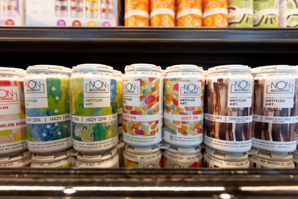 A row of non-alcoholic Untitled Art beers