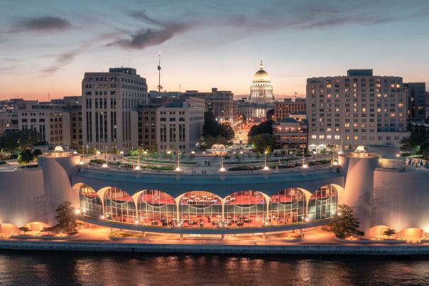 Monona Terrace and Madison skyline at night