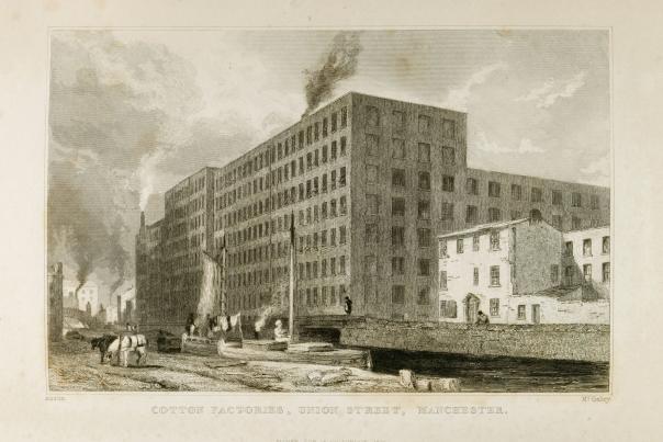 Spinning mills on Union Street in Ancoats, Manchester, about 1830. These mills relied on a supply of cotton grown by enslaved people.