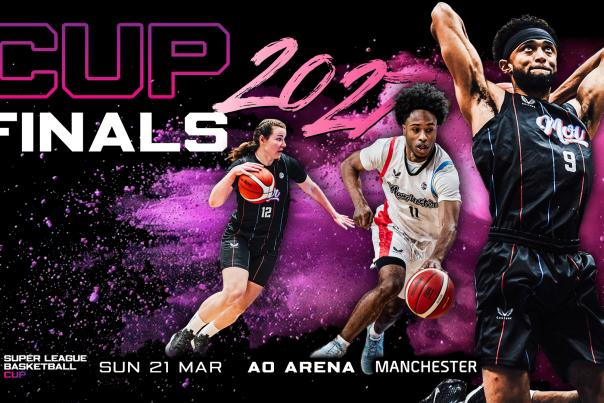 Promotional graphic for the 2027 Cup Finals basketball event at AO Arena, Manchester on Sunday 21 March. Three basketball players are shown in action against a black background with vibrant pink paint-splash effects. Large text reads “Cup Finals 2027”, with the Super League Basketball logo and event details displayed along the bottom.