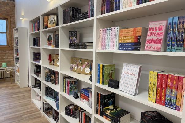 Book shelf wall at The Nook in Manitowoc