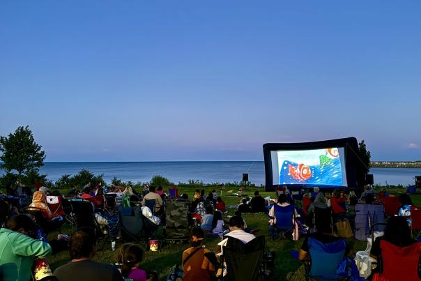 Outdoor movie night at Lighthouse Park in Manitowoc