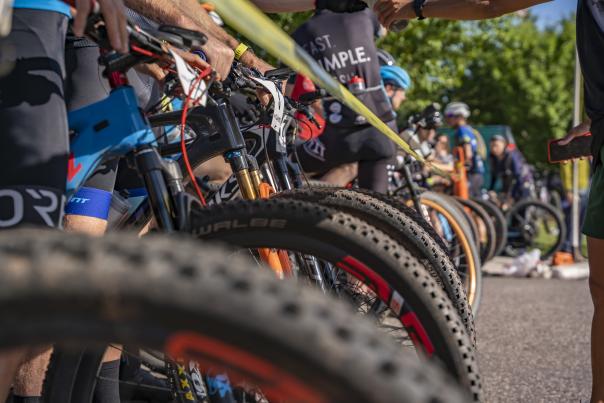 Bikes lined up at the start of the Ore to Shore Mountain Bike Epic