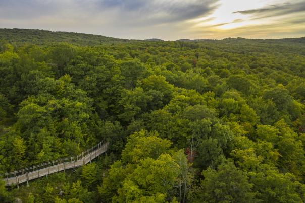 Drone shot of Thomas Rock Scenic Overlook in Big Bay, MI