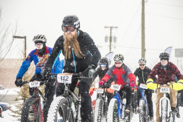 Start of the 906 Polar Roll winter fat bike race in Marquette, Michigan.