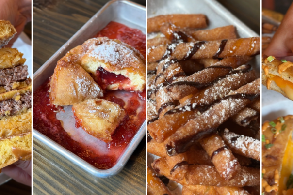 State fair food in a collage including burgers, fried food, and funnel cake.