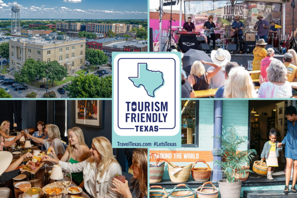 composite photo of downtown mcKinney, stage with a country band, women at a restaurant table, and mom and daughter shopping
