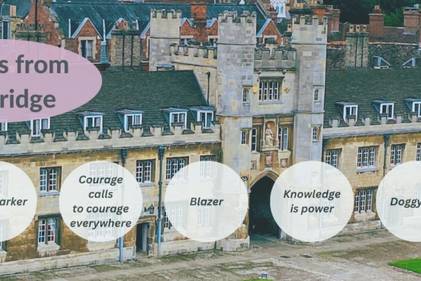 Trinity College Cambridge in the background with a lilac see through oval saying 'Phrases from Cambridge'. Dotted around the image are white circles with text saying as follows (going clockwise): Every cloud has a silver lining; Courage calls to courage everywhere; Doggy bag; The Pen is mightier than the sword; Nosy parker; Blazer