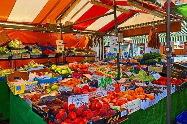 Fruit & veg market stall with bright coloured fruit & veg