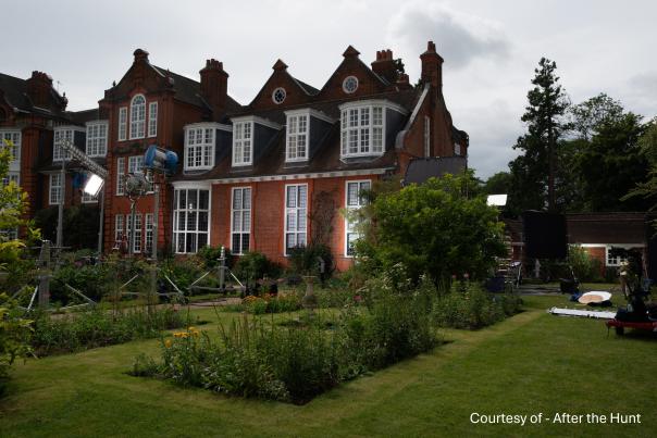 Camera and recording crew and equipment outside the Jane Harrison Room at Newnham College