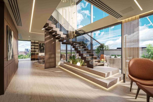 Modern penthouse suite interior with a floating wooden staircase, floor-to-ceiling windows, and double-height ceiling, opening onto a terrace with outdoor seating and city skyline views.
