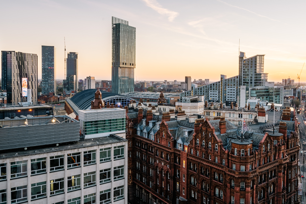 Skyline of Manchester with the Midland Hotel in the foreground and skyscrapers in the background