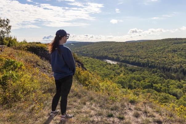 A woman standing at the Brockway Mountain Overlook, located in the Upper Peninsula