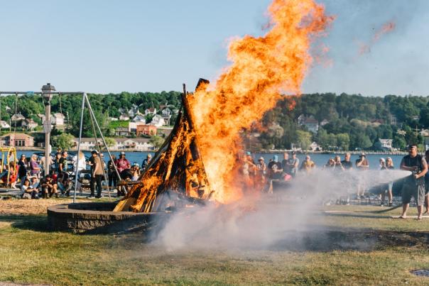 A large fire blazing at the Juhannus Summer Solstice Celebration in the Upper Peninsula of Michigan.