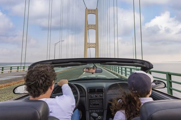 Driving over the Mackinac Bridge in the Upper Peninsula of Michigan.