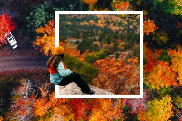 Autumn collage featuring a mountain biker, hiker overlooking colorful forest hills, and a peaceful lakeside beach with a red cabin.