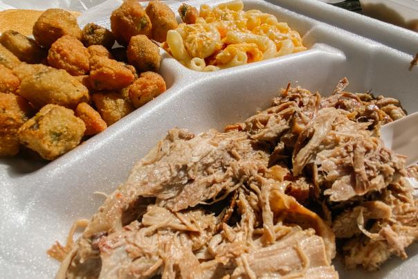 Plate of bbq pork, fried okra and macaroni and cheese from Ms. Stella's restaurant in Milledgeville