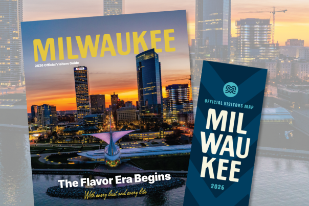The 2026 Milwaukee Official Visitors Guide and Official Visitors Map are displayed in front of a sunset view of the Milwaukee skyline and lakefront.