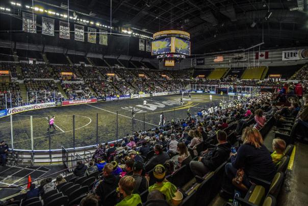 A dimly lit UW-Milwaukee Panther Arena during a Milwaukee Wave soccer game