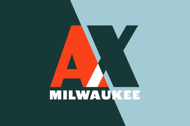 AX Milwaukee logo on a green and blue split background