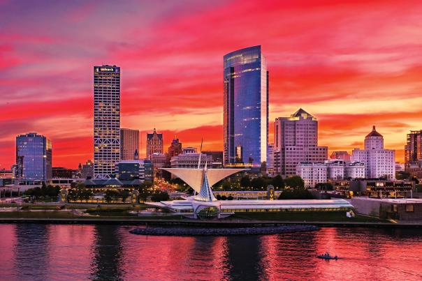 Milwaukee skyline at sunset