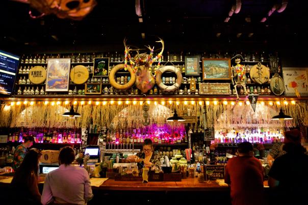 bar with colorful lights and hanging grass for a tiki theme