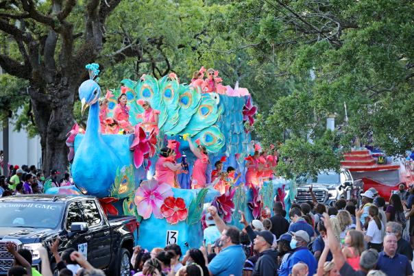 Peacock parade float during Mardi Gras