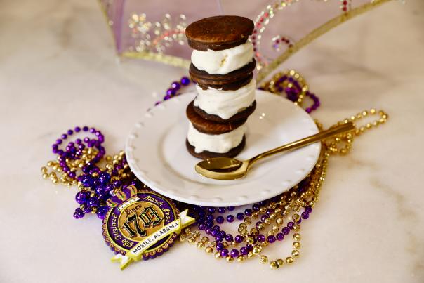 Layers of chocolate moonpies and vanilla ice cream