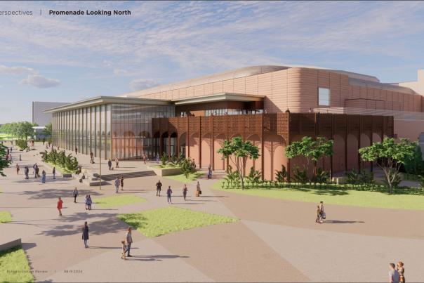 Architecture rendering of a large arena complex