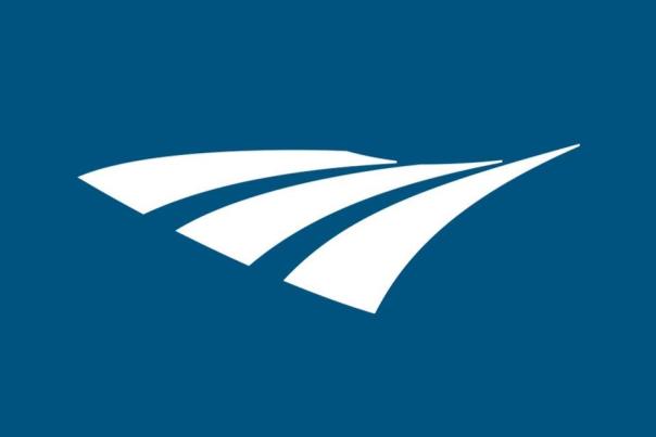 Amtrak logo, three white stripes on a blue background