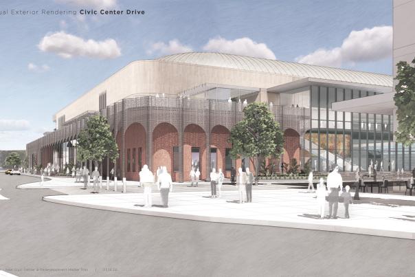 rendering of large building with people outside